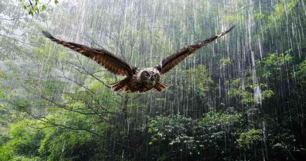 owls fly in the rain